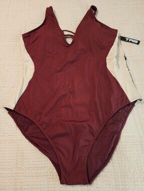TA3 Dark Cherry/Oat Plungey Support Swimsuit 4X Reg/Long NWT $188 Corset Back